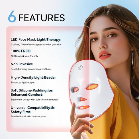 LED Face Mask Light Therapy – 7-in-1 Colors Facial Skin Care Mask for At-Home Use, Portable, Cordless & USB Rechargeable (White) in Kuwait