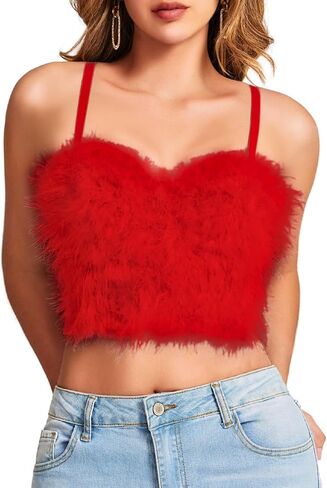 Kaei&Shi Sexy Feather Corset Crop Top,Faux Fur Push Up Bustier Tops,Birthday Party Ourfits Christmas in Saudi Arabia