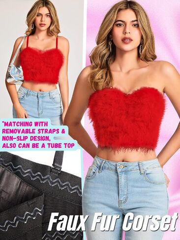 Kaei&Shi Sexy Feather Corset Crop Top,Faux Fur Push Up Bustier Tops,Birthday Party Ourfits Christmas in Saudi Arabia