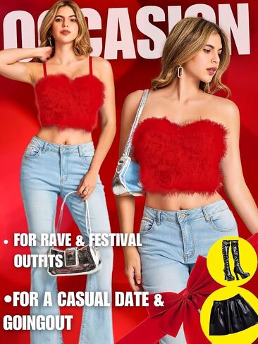 Kaei&Shi Sexy Feather Corset Crop Top,Faux Fur Push Up Bustier Tops,Birthday Party Ourfits Christmas in Saudi Arabia