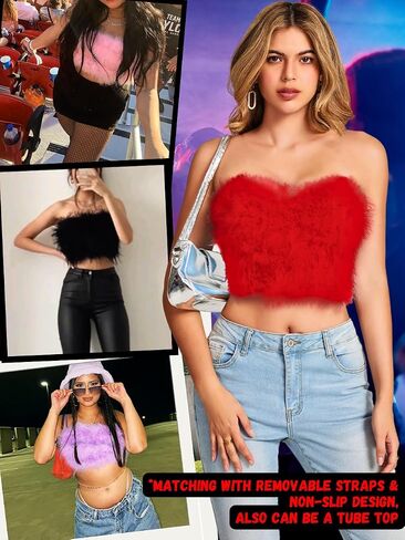 Kaei&Shi Sexy Feather Corset Crop Top,Faux Fur Push Up Bustier Tops,Birthday Party Ourfits Christmas in Saudi Arabia