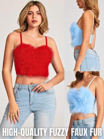 Kaei&Shi Sexy Feather Corset Crop Top,Faux Fur Push Up Bustier Tops,Birthday Party Ourfits Christmas in Saudi Arabia