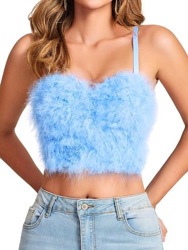 Kaei&Shi Sexy Feather Corset Crop Top,Faux Fur Push Up Bustier Tops,Birthday Party Ourfits Christmas in Saudi Arabia