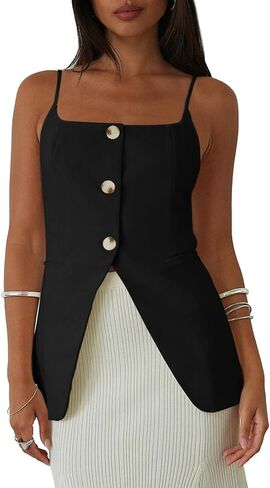 Yousify Womens Spaghetti Strap Tank Top Summer Blazer Vest Button Down Business Cami Square Neck Sexy Camisole Dressy Casual in Saudi Arabia