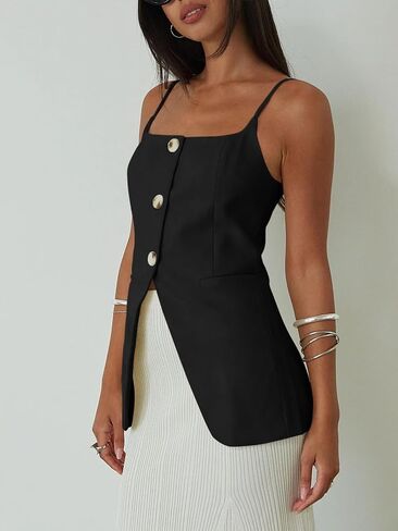 Yousify Womens Spaghetti Strap Tank Top Summer Blazer Vest Button Down Business Cami Square Neck Sexy Camisole Dressy Casual in Saudi Arabia