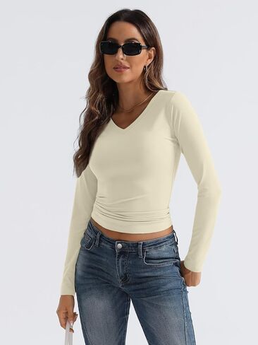Trendy Queen Long Sleeve Shirts for Women 2024 Fall Fashion V Neck Basics Crop Tops Layering Slim Fitted Y2K Tops in Kuwait