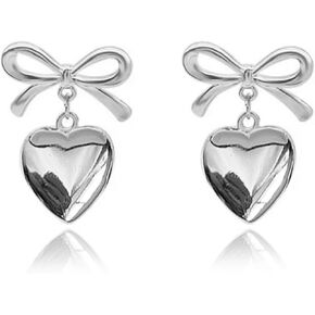Gold Heart Dangle Earrings For Women 18K Gold Plated Ribbon Bow Drop Earrings Bowknot Heart Earrings for Girls Christmas Valentine's Day Gifts