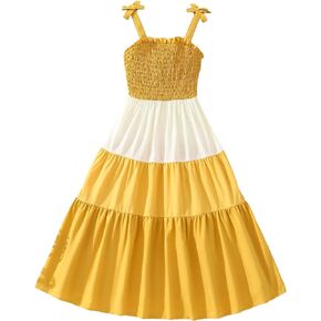 OYOANGLE Girl's Colorblock Bow Knot Shoulder Shirred Ruffle Hem A Line Midi Cami Dress