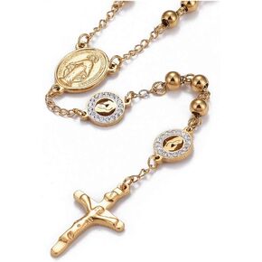 Stainless Steel Rosary Bead Necklace Zirconia Cross Virgin Mary Gold 26.7" A386