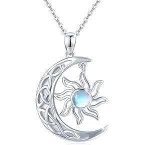 CUOKA MIRACLE Crescent Moon and Sun Necklace 925 Sterling Silver Moonstone Pendant Necklace Celtic Jewelry Gift for Women
