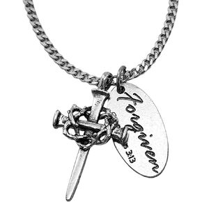 Nail Cross Crown of Thorns Pewter Antique Silver Metal Finish with Forgiven Tag Necklace On Chain