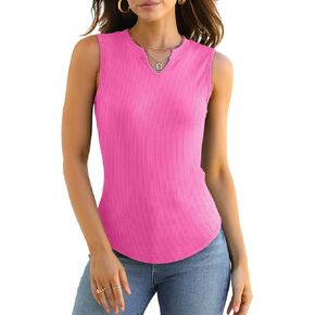 XIEERDUO Women's Ribbed Fitted Tank Tops Basic Casual V Neck Sleeveless Shirts with Curved Hem