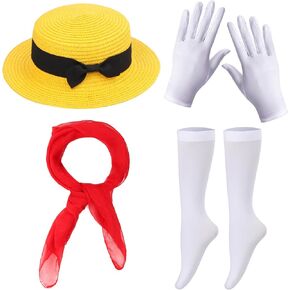 French School Girl Costume Accessories Straw Hat Chiffon Scarf High Socks Costume Gloves for Halloween Book Day