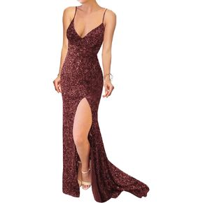ISABUFEI Prom Dress Long Formal Evening Dresses Sequin V-Neck Wedding Guest Dresses Slit Prom Dressses