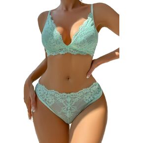 WDIRARA Women's 2 Piece Floral Lace Bralettes and Panty Mesh Underwire Lingerie Set