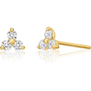 Solid 14k Gold Mini Lotus Cubic Zirconia Studs, Trefoil Trinity Triple Cluster Minimalist Earrings