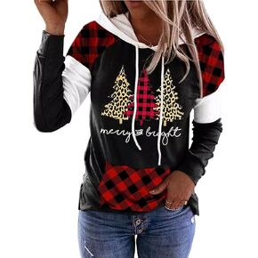 Merry Christmas Buffalo Plaid Tree Striped Hoodie Women Christmas Tree Graphic Printed Sweatshirt Xmas Pullover Shirts