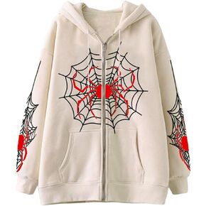 Sunwittafy Womens Full Zip Up Hoodie Y2k Spider Web Oversized Sweatshirt Long Sleeve Punk Jacket Vintage Harajuku Streetwear