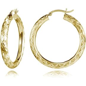 14K Gold Diamond Cut Round Hoop Earrings