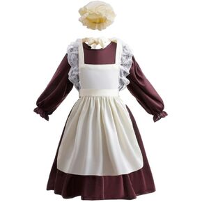 Dressy Daisy Pioneer Colonial Prairie Maid Dress Costume Clothing with Apron and Mob Cap for Toddler Little Girls, Brown