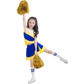 Kids Girls Cheerleading Costume Outfit Two Piece High School Cheerleader Uniform Dress with Stockings 2 Pom Poms