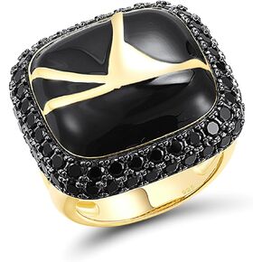 Santuzza 925 Sterling Silver Enamel Golden Crack Pattern Black Spinel Ring for Women
