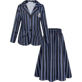 School Uniform Costume for Girls Kids Nevermore Striped Cosplay Outfits Dress Up Clothing Set