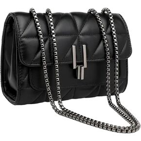 KetaStyle Quilted Crossbody Bag with Chain, Womens Quilted Crossbody Purse with Black Chain, Crossbody Bag, Small Bag with Graphite Chain, Black Crossbody Bag for Women, Phone Wallet Purse for Women