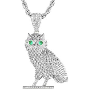 PY BLING Full Iced Out Owl Pendant 18K Gold/White Gold Plated Hip Hop Fashion Simulated Diamond CZ Pendant with Stainless Steel Rope Chain Necklace for Men Women