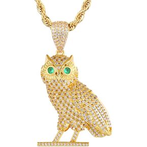 PY BLING Full Iced Out Owl Pendant 18K Gold/White Gold Plated Hip Hop Fashion Simulated Diamond CZ Pendant with Stainless Steel Rope Chain Necklace for Men Women in Kuwait