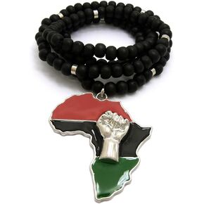 Mens Large Fist Power in Africa Map Shape Pendant Moon Cut Gold Bead, Black Wood Bead Chain Necklace