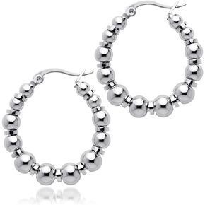 ‎555Jewelry Stainless Steel Medium Beaded Hoop Earrings for Women & Girls