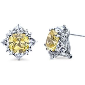 BERRICLE Sterling Silver Halo Canary Yellow Cushion Cut Cubic Zirconia CZ Statement Flower Anniversary Omega Back Stud Earrings for Women, Rhodium Plated