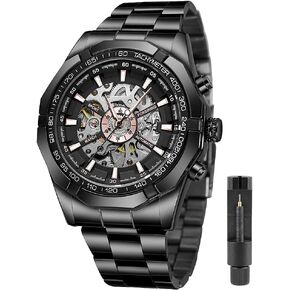 Tiong Men's Mechanical Watch Stainless Steel Men's Luminous Hand Watch, Skeleton Roman Numerals Waterproof Mechanical Watch