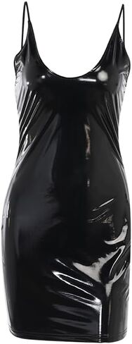 Riclena Women’s Sexy Spaghetti Strap Scoop Neck Patent Leather Backless Mini Bodycon Dress in Kuwait