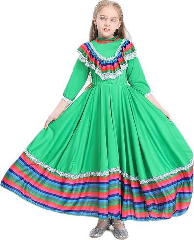 فستان مكسيكي للأطفال، فستان سينكو دي مايو فييستا، فستان رقص فولكلوريكو، فستان على الطراز المكسيكي التقليدي للفتيات in Kuwait