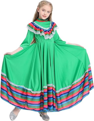 فستان مكسيكي للأطفال، فستان سينكو دي مايو فييستا، فستان رقص فولكلوريكو، فستان على الطراز المكسيكي التقليدي للفتيات in Kuwait