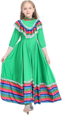 فستان مكسيكي للأطفال، فستان سينكو دي مايو فييستا، فستان رقص فولكلوريكو، فستان على الطراز المكسيكي التقليدي للفتيات in Kuwait