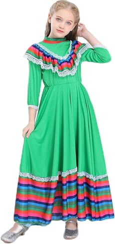 فستان مكسيكي للأطفال، فستان سينكو دي مايو فييستا، فستان رقص فولكلوريكو، فستان على الطراز المكسيكي التقليدي للفتيات in Kuwait