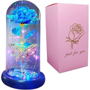 AUSAYE for Mom,Women's Gift Gold Butterfly Birthday Gifts Colorful Preserved Rose Gift Flower, Preserved Rose Flower in Glass Dome, Unique Gift for Her, Mom,Grandma
