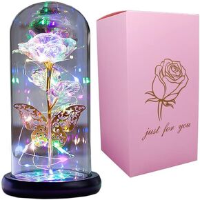 AUSAYE for Mom,Women's Gift Gold Butterfly Birthday Gifts Colorful Preserved Rose Gift Flower, Preserved Rose Flower in Glass Dome, Unique Gift for Her, Mom,Grandma