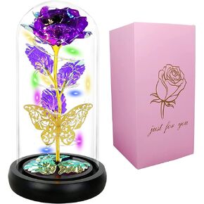 AUSAYE for Mom,Women's Gift Gold Butterfly Birthday Gifts Colorful Preserved Rose Gift Flower, Preserved Rose Flower in Glass Dome, Unique Gift for Her, Mom,Grandma