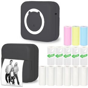 Mini Thermal Printer, Inkless Sticker Printer with 14 Rolls Paper, Bluetooth Portable Printer for iPhone/Android Phone/Tablet, Mini Pocket Printer for Photos/Stickers/Labels/Notes, Black