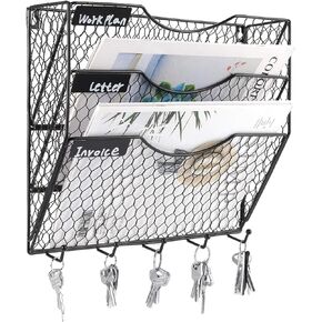 PAG Wall File Holder Hanging Mail Organizer Metal Chicken Wire Wall Mount Magazine Rack, 3-Tier, Black
