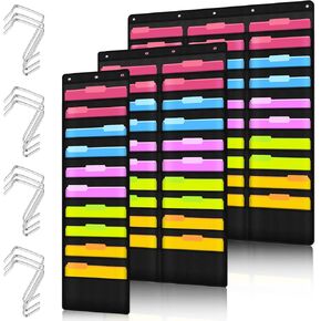 3 Pack Heavy Duty Storage Pocket Chart Wall Hanging File Organizer Folders 60 Pockets 12 Overdoor Hangers Included Hanging File Folders Paper Magazine Organizer for Home Classroom Office School in Kuwait