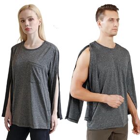 Post Shoulder Surgery Shirts Long Sleeve Chemo Shirts for Port Access Unisex Crewneck Tear Way Rehab Recovery T-Shirt with Right & Left Side Snaps Arm Open Dialysis Clothing