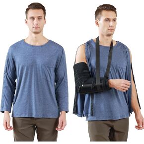 Post Shoulder Surgery Shirts Long Sleeve Chemo Shirts for Port Access Unisex Crewneck Tear Way Rehab Recovery T-Shirt with Right & Left Side Snaps Arm Open Dialysis Clothing