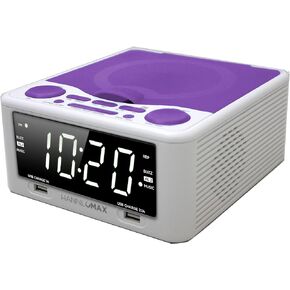 HANNLOMAX HX-300CD Top Loading CD Player, PLL FM Radio, Digital Clock, 1.2" White LED Display, Dual Alarms, Dual USB Ports for 2.1A and 1A Charging, AC/DC Adaptor Included (White_Purple)