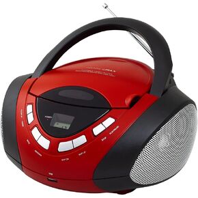 HANNLOMAX HX-320CD CD/MP3 Boombox، راديو AM/FM، منفذ USB لتشغيل MP3، Aux-in، شاشة LCD، مصدر طاقة مزدوج AC/DC (أحمر/أسود) in Kuwait