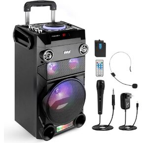 Pyle Outdoor Portable Wireless Bluetooth Karaoke PA Loud Speaker - 8'' Subwoofer Sound System with DJ Lights, Rechargeable Battery, FM Radio, USB/Micro SD Reader, Microphone, Remote, Black